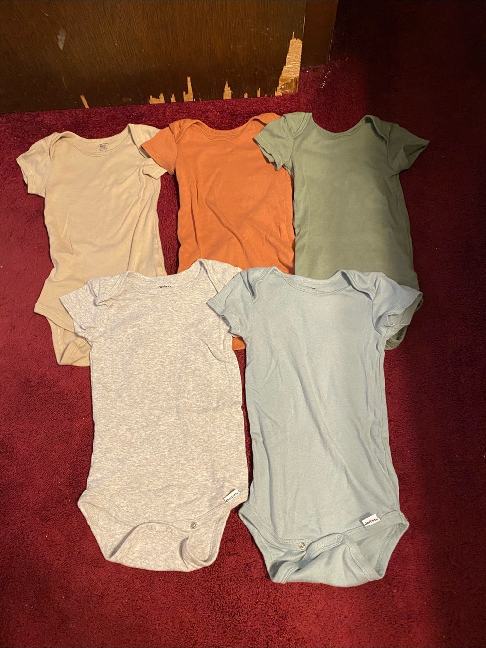 Gerber Five-Pack Baby Bodysuits in Beige, Rust, Sage, Heather Gray, Light Blue